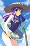  cowboy_shot day eyebrows_visible_through_hair hat holding holding_innertube innertube mashiro_blan_de_windbloom my-otome name_tag one-piece_swimsuit outdoors palm_tree purple_hair school_swimsuit sikorsky solo straw_hat sweat swimsuit tree 