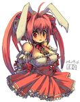  2004 ahoge animal animal_ears artist_name bangs bare_shoulders between_breasts bird breasts bunny_ears choker cleavage di_gi_charat dice_hair_ornament eyebrows_visible_through_hair fbc floppy_ears furrowed_eyebrows hair_between_eyes hair_intakes hair_ornament heart high-waist_skirt long_hair medium_breasts oekaki pink_hair red_choker red_eyes red_ribbon red_skirt ribbon ribbon_choker shirt simple_background skirt solo twintails usada_hikaru white_background white_shirt 