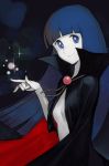  1girl bangs black_background blue_eyes blue_hair blunt_bangs breasts cape etou_ranze from_side gem hankuri high_collar long_hair looking_at_viewer naked_cape nude ribbon small_breasts smile solo sparkle tokimeki_tonight upper_body 