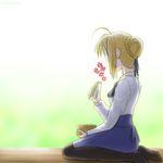 artist_request artoria_pendragon_(all) black_legwear blonde_hair blouse eating fate/stay_night fate_(series) food heart long_sleeves no_shoes pantyhose saber sandwich sitting solo 