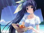  beach blue_eyes blue_hair day dress food fruit hashimoto_takashi hat hat_basket hat_removed headwear_removed holding holding_hat itou_noemi long_hair outdoors ribbon solo tree wallpaper white_dress with_you 