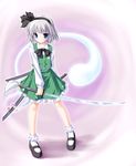  black_hairband blue_eyes bobby_socks dual_wielding full_body hairband hitodama holding katana konpaku_youmu konpaku_youmu_(ghost) long_sleeves mary_janes pigeon-toed scabbard sheath shoes short_hair silver_hair simple_background socks solo sword tenmaso touhou weapon white_legwear 