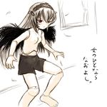  barefoot doll_joints feathers long_hair red_eyes rozen_maiden shorts silver_hair sketch solo suigintou topless wings yuuichi_(tareme_paradise) 