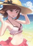  1girl :d alice_gear_aegis arms_up bangs bare_arms bare_shoulders beach bikini bikini_top black_bow blush bow breasts brown_eyes brown_hair cleavage cloud cloudy_sky cowboy_shot dated day errant eyebrows_visible_through_hair hand_on_headwear hat hat_bow highres looking_at_viewer medium_breasts navel ocean open_mouth outdoors pink_skirt red_ribbon ribbon ribbon-trimmed_bikini shore short_hair signature skirt sky smile solo stomach strap_gap sun_hat sutegoro_shiina swept_bangs swimsuit water white_bikini 