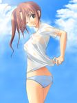  back black_eyes blue_panties blush brown_eyes brown_hair long_hair looking_back one_eye_closed original panties ponytail see-through shirt shirt_tug solo standing striped striped_panties takepon underwear wet wet_clothes wet_shirt wince 