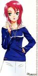  blue_shirt casual cellphone fukano_youichi green_eyes jewelry long_sleeves my-hime necklace open_mouth phone red_hair shirt short_hair skirt solo white_skirt yuuki_nao 