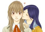  ascot blonde_hair cheek_kiss closed_eyes fujino_shizuru hand_on_shoulder heart kiss kuga_natsuki lips long_hair looking_at_viewer mico3 multiple_girls my-hime purple_hair red_eyes school_uniform simple_background surprised very_long_hair yuri 