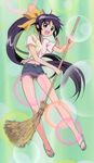  andou_mahoro artist_request bamboo_broom black_hair bow broom cutoff_jeans cutoffs flip-flops hair_bow long_hair long_legs mahoromatic ponytail sandals shirt short_shorts shorts solo tied_shirt very_long_hair yellow_bow 