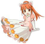  arm_support blush brown_hair dress elbow_gloves fang flat_chest fushigiboshi_no_futago_hime gloves ixy jewelry leonne long_hair looking_at_viewer necklace orange_hair ponytail puffy_sleeves short_sleeves simple_background sitting smile solo tiara white_background white_gloves 