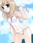  bare_shoulders blonde_hair blue_eyes chimaro cloud day dutch_angle long_hair lowres maria-sama_ga_miteru oekaki one-piece_swimsuit open_mouth school_swimsuit see-through sky solo swimsuit toudou_shimako white_school_swimsuit white_swimsuit 