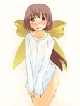  ass blouse blush bottomless bow brown_eyes brown_hair collarbone covering covering_crotch embarrassed hair_bow jirou_(chekoro) long_sleeves looking_at_viewer no_panties open_mouth original ponytail simple_background solo standing tears yellow_bow 