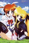  arm_belt armor belt black_legwear blonde_hair blush bow brown_hair cape cloud crease crop_top day fate_testarossa fingerless_gloves flat_chest gloves grass hair_ribbon hug kneeling leotard long_hair lyrical_nanoha magical_girl mahou_shoujo_lyrical_nanoha mahou_shoujo_lyrical_nanoha_a's megami multiple_girls non-web_source official_art okuda_yasuhiro outdoors ponytail purple_eyes reclining red_bow red_eyes ribbon scan short_twintails sitting skirt sky smile strap takamachi_nanoha thighhighs turtleneck twintails very_long_hair 