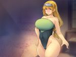  1girl bare_arms bare_legs bare_shoulders bed blonde_hair blue_eyes blurry blurry_background blush breasts covered_navel cowboy_shot crying embarrassed full-face_blush groin highres huge_breasts indoors legs leotard long_hair looking_at_viewer makeikusa_no_onna-tachi:_hime_to_onna_kishi_no_senpuku-ki original parted_lips sad solo standing tears thick_thighs thighs tiara yoko_juusuke 
