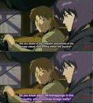  1girl brown_hair car car_interior comparison fansub ghost_in_the_shell ghost_in_the_shell_stand_alone_complex ground_vehicle jacket kusanagi_motoko motor_vehicle poorly_translated purple_hair screencap short_hair subtitled togusa 
