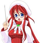  aty_(summon_night) blue_eyes brooch cloak face glasses hands hat jewelry long_hair long_sleeves open_mouth pointer red_hair ribbed_sweater solo summon_night summon_night_3 sweater turtleneck yamaguchi_homupe 
