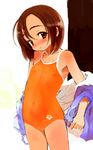  blush brown_eyes brown_hair child competition_swimsuit covered_nipples cowboy_shot flat_chest jacket looking_at_viewer off_shoulder one-piece_swimsuit open_clothes open_jacket orange_swimsuit original sasahara_yuuki short_hair solo swimsuit 
