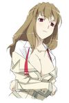  breast_hold breasts brown_hair cleavage collarbone crossed_arms fujino_shizuru kyo_(kuroichigo) large_breasts long_hair long_sleeves my-hime red_eyes simple_background sketch solo undressing white_background 
