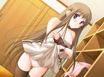  bra brown_hair dutch_angle game_cg long_hair long_sleeves moekibara_fumitake nursery_rhyme panties pink_bra pink_panties purple_eyes solo thigh_gap thighhighs tomoe_yukina underwear undressing 