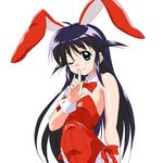  ;) ahoge andou_mahoro animal_ears artist_request bare_shoulders black_hair bow bowtie bunny_ears bunny_girl bunnysuit detached_collar finger_to_mouth fishnet_pantyhose fishnets green_eyes hands highres jpeg_artifacts leotard long_hair mahoromatic one_eye_closed pantyhose red_leotard simple_background smile solo very_long_hair white_background wrist_cuffs 