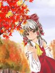  autumn bow brown_eyes brown_hair cravat detached_sleeves dress hair_ribbon hair_tubes hakurei_reimu leaf long_sleeves red_dress ribbon short_hair smile solo touhou yanagie 