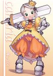  2005 armor armored_dress character_name cosplay dated dress kanaria kei_jiei long_sleeves orange_(color) orange_background parody princess_crown rozen_maiden solo yellow_dress 