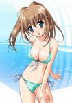  alto antenna_hair bikini blue_eyes blush breasts brown_hair cleavage duplicate front-tie_top head_tilt indoors iwasaki_kouji large_breasts lowres navel pool poolside side-tie_bikini solo striped striped_bikini swimsuit tachibana_megumi twintails water wet window 