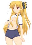  blonde_hair buruma fate_testarossa flat_chest gym_uniform long_hair lyrical_nanoha mahou_shoujo_lyrical_nanoha mahou_shoujo_lyrical_nanoha_a's nipples red_eyes shichimenchou shirt_lift solo 