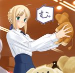  artoria_pendragon_(all) blonde_hair blouse fate/stay_night fate_(series) lion long_sleeves saber solo stuffed_animal stuffed_lion stuffed_toy tsuina 