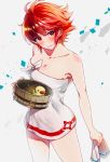  1girl blush bucket closed_mouth fire_emblem fire_emblem_heroes fire_emblem_if highres hinoka_(fire_emblem_if) holding holding_bucket naked_towel nekolook nintendo red_eyes red_hair rubber_duck short_hair simple_background solo towel white_background wooden_bucket 