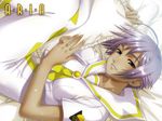  aria artist_request athena_glory bed bed_sheet copyright_name dark_skin frilled_pillow frills looking_at_viewer lying on_side orange_planet_uniform pillow short_hair silver_hair smile solo uniform very_short_hair wallpaper 