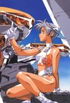  arm_up beach belt blue_eyes clothes_writing copyright_request day gloves headphones leotard mecha microphone outdoors parted_lips profile shiny shiny_skin short_hair silver_hair sitting smile solo tire urushihara_satoshi vehicle visor_cap white_footwear white_gloves 