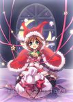  2005 aqua_eyes bell blush boots bow brown_hair capelet christmas crescent fang fur hood jingle_bell kurudaz looking_at_viewer night open_mouth original red_capelet red_hood ribbon sack santa_costume sitting sky smile solo star_(sky) thighhighs wariza window zettai_ryouiki 