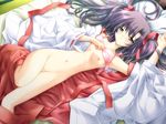 artist_request bed blue_hair blush bra bra_lift canvas_(cocktail_soft) embarrassed hakama japanese_clothes long_hair lying messy_hair miko misaki_aya no_panties on_back partially_undressed red_hakama solo underwear yellow_eyes 