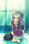  animal_ears arm_support bed bell cat_ears cat_tail christmas hair_ribbon inato_serere jingle_bell long_sleeves looking_at_viewer original ribbon sitting smile solo sunglasses tail thighhighs window yokozuwari 