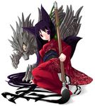  animal_ears calligraphy_brush dog_ears japanese_clothes kimono long_hair long_sleeves looking_at_viewer original paintbrush purple_hair red_eyes shiratama_dango solo tabi tail very_long_hair 