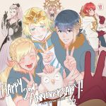  ! 1boy 5girls alfonse_(fire_emblem) anna_(fire_emblem) anniversary bird black_gloves blonde_hair blue_eyes blue_hair braid breasts brother_and_sister cake cleavage closed_mouth copyright_name crown crown_braid dress earrings eating eir_(fire_emblem) eyes_closed feh_(fire_emblem_heroes) fire_emblem fire_emblem_heroes fjorm_(fire_emblem_heroes) food fork from_side gloves gradient_hair grey_hair hair_ornament holding holding_fork jewelry krazehkai long_hair long_sleeves looking_to_the_side medium_breasts multicolored_hair multiple_girls nintendo open_mouth owl parted_lips pink_hair ponytail red_eyes red_hair sharena short_hair short_sleeves siblings smile spoken_exclamation_mark summoner_(fire_emblem_heroes) v veronica_(fire_emblem) 