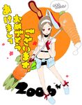  2006 akeome animal_ears brown_hair bunny_ears carrot densha_otoko getsumento_heiki_miina gloves hairband happy_new_year midriff miniskirt moon_rabbit new_year okama red_eyes short_hair skirt solo tsukishiro_mina 