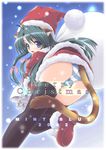  animal_ears ass bent_over black_legwear blue_eyes blue_panties cat_ears cat_tail christmas dress green_hair hat leg_lift long_hair looking_back moyuru original panties pantyshot pantyshot_(standing) santa_costume santa_hat shoes short_dress solo standing striped striped_panties tail thighhighs underwear upskirt 