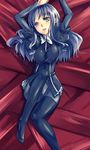  arms_up black_jacket blush breasts brown_eyes caren_hortensia fate/hollow_ataraxia fate_(series) jacket large_breasts layered_sleeves long_hair long_sleeves looking_at_viewer lying mikage_sekizai on_back open_mouth pantyhose ribbon sidelocks solo thighhighs white_ribbon 