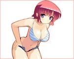  bikini breasts cowboy_shot eyebrows_visible_through_hair large_breasts leaning_forward navel open_fly original outline red_hair sikorsky solo striped striped_bikini swimsuit undressing 