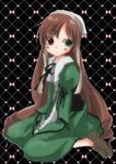  :&lt; between_legs black_background black_ribbon blush brown_eyes brown_footwear dress full_body green_dress green_eyes hand_between_legs hat heterochromia honami_yuu juliet_sleeves long_hair long_sleeves puffy_sleeves ribbon rozen_maiden shoes simple_background sitting solo suiseiseki very_long_hair wariza 