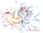  bandages barefoot bed bed_sheet blood bloody_bandages caren_hortensia character_name christmas fate/hollow_ataraxia fate_(series) feet injury long_hair lying on_side panties senji_(tegone_spike) solo underwear white_hair white_panties yellow_eyes 