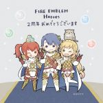  1boy 2girls ;q alfonse_(fire_emblem) animal animal_on_head anna_(fire_emblem) armor artist_name ayawo bird blonde_hair blue_eyes blue_hair braid brother_and_sister brown_gloves chibi closed_mouth copyright_name crown_braid feh_(fire_emblem_heroes) fire_emblem fire_emblem_heroes gloves gradient_hair green_eyes hair_ornament leg_up multicolored_hair multiple_girls nintendo on_head one_eye_closed open_mouth orb owl pink_hair ponytail red_eyes red_hair sharena short_hair siblings tongue tongue_out v 