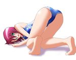  ass barefoot blue_swimsuit blush embarrassed feet fuuka_academy_swimsuit green_eyes looking_at_viewer matatabi_(2ccp) my-hime one-piece_swimsuit open_mouth red_hair school_swimsuit short_hair solo swimsuit top-down_bottom-up yuuki_nao 