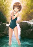  breasts brown_hair casual_one-piece_swimsuit cleavage flat_chest forest frilled_swimsuit frills hair_ornament hairclip kishida_mel nature one-piece_swimsuit original outdoors river rock short_hair small_breasts smile solo standing stream swimsuit tree wading water yellow_eyes 