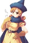  alena_(dq4) bangs belt cape dragon_quest dragon_quest_iv dress earrings gloves hand_on_hip hat jewelry long_hair looking_at_viewer orange_hair parted_bangs simple_background solo tomose_shunsaku white_background yellow_dress yellow_gloves 