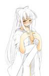  glasses japanese_clothes jirou_(chekoro) long_sleeves monochrome original solo spot_color undressing white_hair 