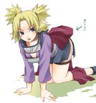  all_fours blonde_hair directional_arrow kubyou_azami long_sleeves naruto naruto_(series) no_panties quad_tails solo sunagakure_symbol temari translated 