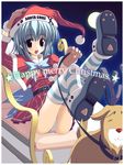  atera belt blue_hair blush bow bowtie christmas dress hat legs_up long_sleeves original panties red_eyes reindeer santa_costume santa_hat shoes short_dress short_hair solo striped striped_legwear striped_panties thighhighs underwear white_panties 