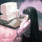  black_hair computer covering_eyes floppy_disk frilled_shirt frilled_shirt_collar frills fringe_trim hime_cut houraisan_kaguya keyboard_(computer) kotatsu long_hair long_sleeves lowres mouse_(computer) neet pink_shirt shirt smile solo table tokiame touhou very_long_hair 